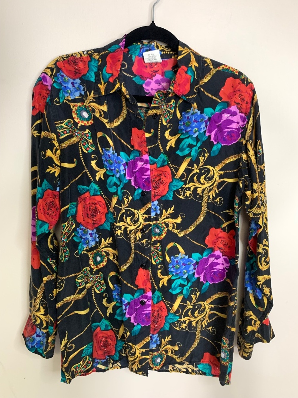 Vintage Floral Black Gold 100% Silk Button Up Blouse S